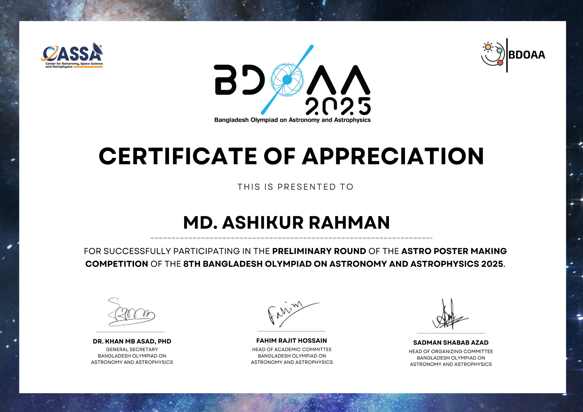 Certificates of Md. Ashikur Rahman (Ayon) from Bangladesh Olympiad on Astronomy and Astrophysics (BDOAA)